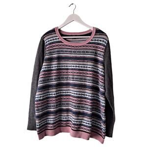 Talbots Women Pink Gray Green Beige & Black Fair Isle Crewneck Sweater - Size 2X